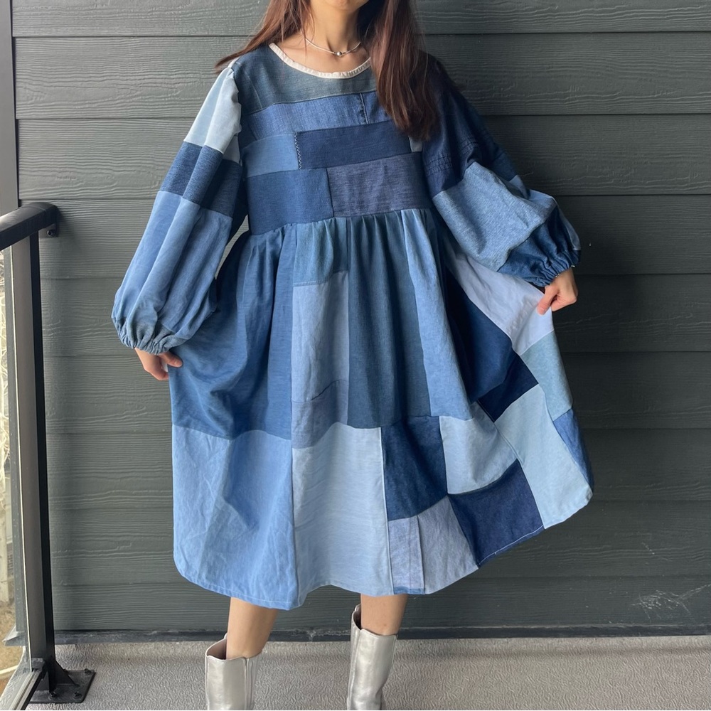 Handmade Denim Patchwork Quilted Puff Sleeves Cottage Dress SKU 04117 - Picture 4 of 16